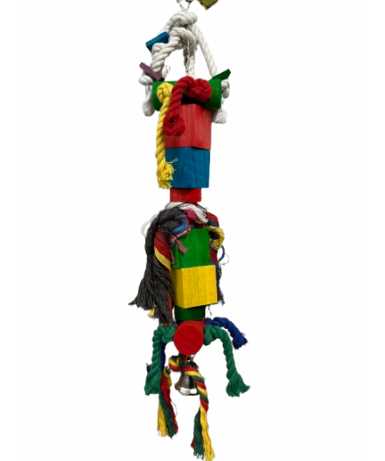 Parrot-Supplies Knotty Blocky Wood And Rope Stacker With Bell Parrot Toy